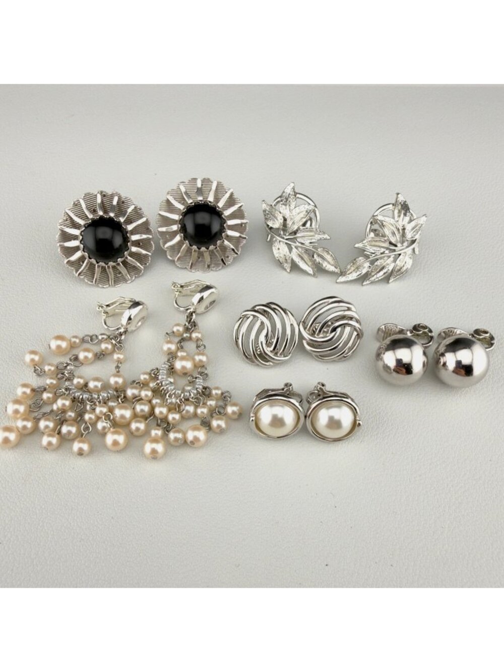 Vintage Monet Clip On Earrings Set of 6 Silver Tone Faux Pearl Dangle Drop Coro